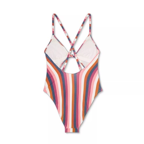Xhilaration Multi Stripe Medium Juniors' Ribbed Tie-Front One Piece Swimsuit - Picture 4 of 8